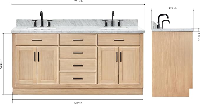 ARIEL Double Bathroom Vanity 73" Inch Oak - Image 2