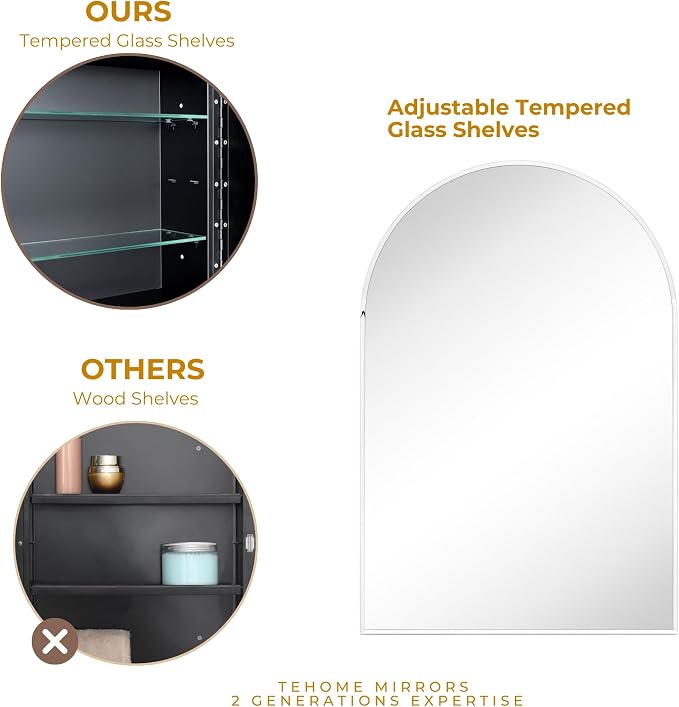 TEHOME 24 x 36'' Polished Nickel Arch Bathroom Medicine Cabinet - Image 9