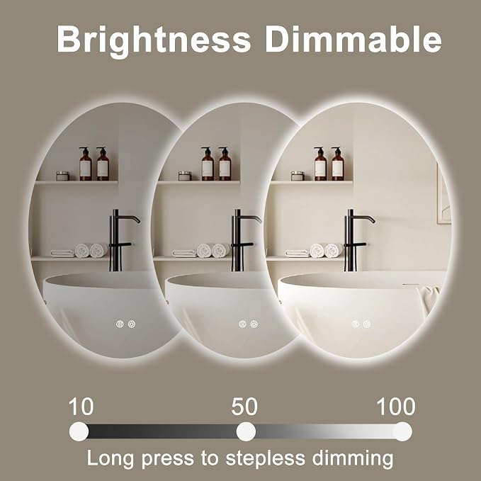 28 X 20 Inch Oval Backlit LED Bathroom Mirror Anti-Fog 3 Colors Light Dimmable - Image 3