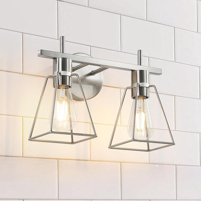 Industrial Bathroom Vanity Lights: 2 Light Silver Brushed Nickel Vintage Metal by HAHZT