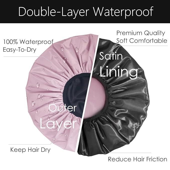 Auban Extra Large Shower Cap, Double-Layer Waterproof Reusable, XL Satin Lining - Image 5