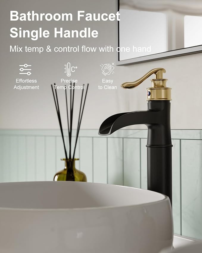 BWE Waterfall Vessel Sink Faucet Black and Gold Bathroom Faucet 1 Hole Single - Image 6