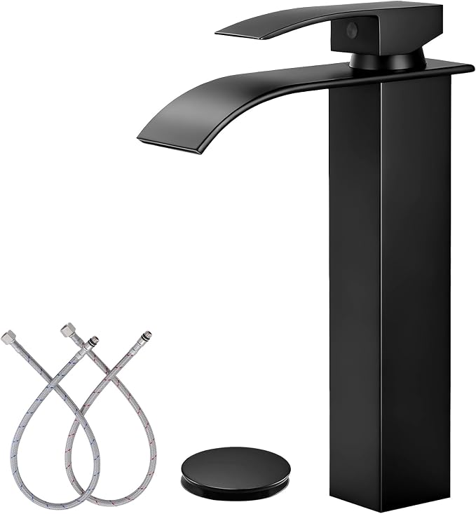 LIFG Matte Black Vessel Sink Faucet, Tall Waterfall Bathroom Faucet, Single by LUFG