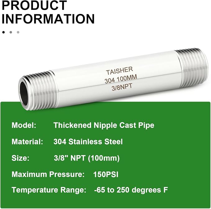 TAISHER 2PCS Stainless Steel Pipe Fittings, 3/8" NPT Male x 3/8" NPT Male - Image 5