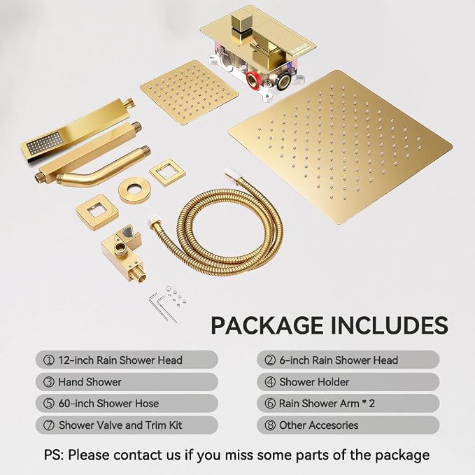 Brushed Gold Shower System, STARBATH 12+6" Rain Shower Head and Handle Set - Image 8