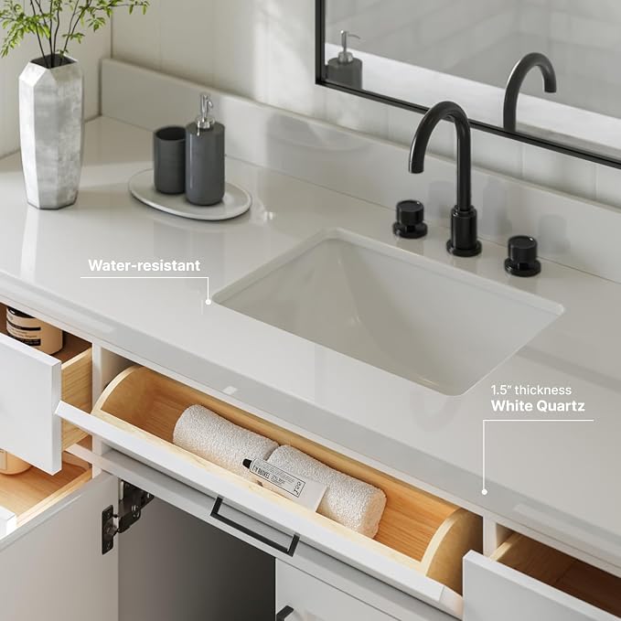 ARIEL 67" White Bathroom Vanity, 1.5" Edge Pure White Quartz Countertop & Splash - Image 4