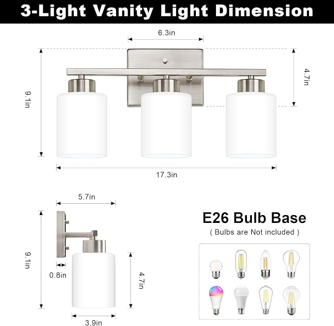 Brushed Nickel Bathroom Light Fixtures, 3-Light Modern Vanity Light Over Mirror - Image 2