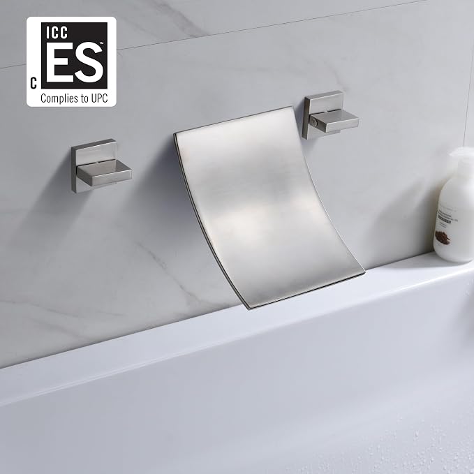 SUMERAIN Wall Mount Waterfall Tub Faucet 3 Hole Brushed Nickel Bathtub Faucet - Image 2