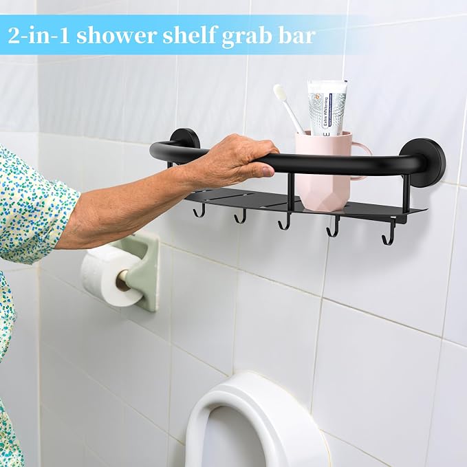 Black Shower Grab Bar Shelf 18 Inch, Zepolu Stainless Steel Shampoo Shelf Grab - Image 3