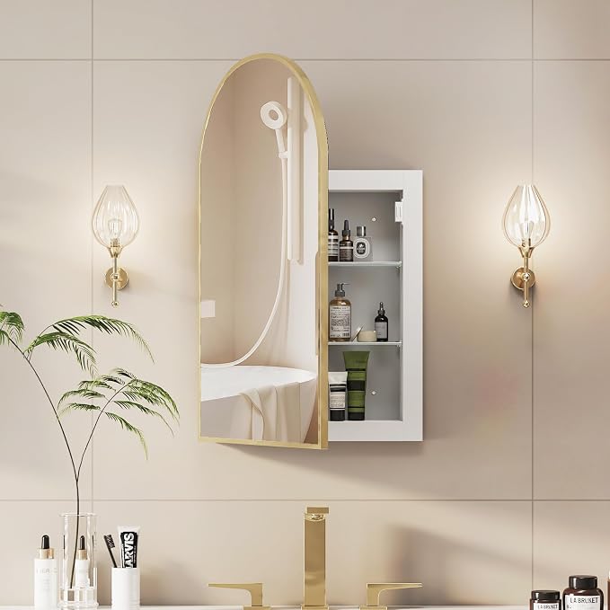 Recessed Medicine Cabinet Mirror, Brushed Gold Arched Medicine Cabinet by Mepplzian