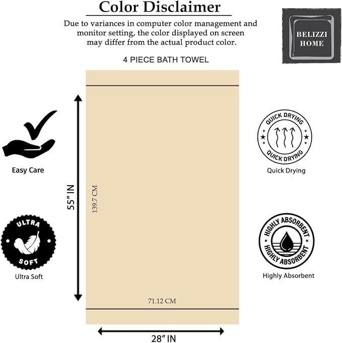 BELZZI Home Ultra Soft 4 Pack Oversized Bath Towel Set 27x54, Cotton Compact - Image 7