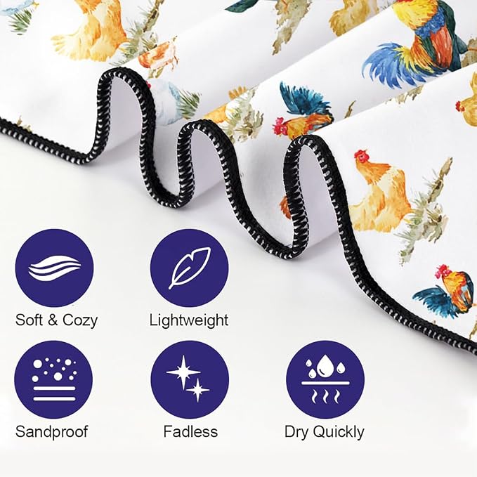 Country Rooster Pattern Beach Towel 36"x72" Quick-Dry Sand-Free Soft Microfiber - Image 2