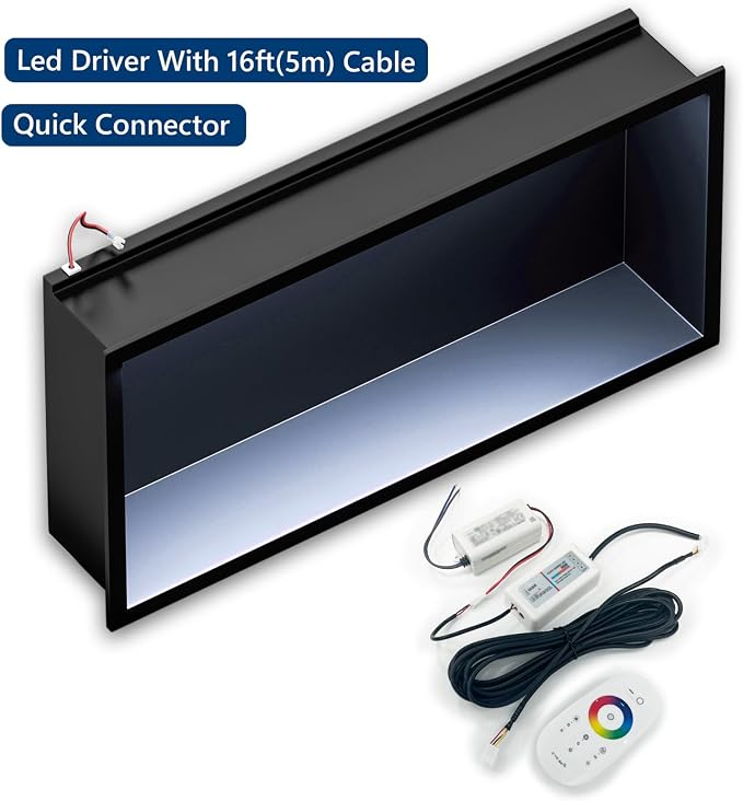 RGB LED Light Shower Niche, Matte Black 30X12 in Stainless Steel Wall Niche - Image 6