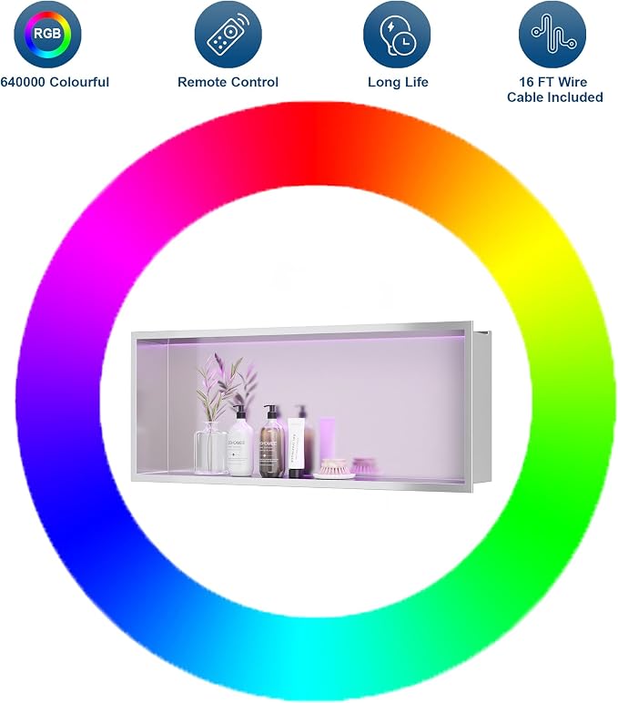 30X12 RGB Shower Niche, Brushed Nickel Stainless Steel LED Recessed Storage - Image 4
