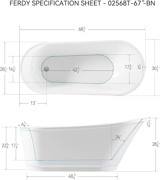 FerdY Langkawi 67" Acrylic Freestanding Bathtub, cUPC Certified, Brushed Nickel - Image 4