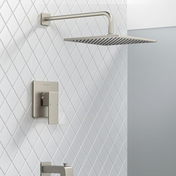Lava Odoro 12-inch Square Bathtub and Shower Faucet Set Brushed Nickel - Image 2