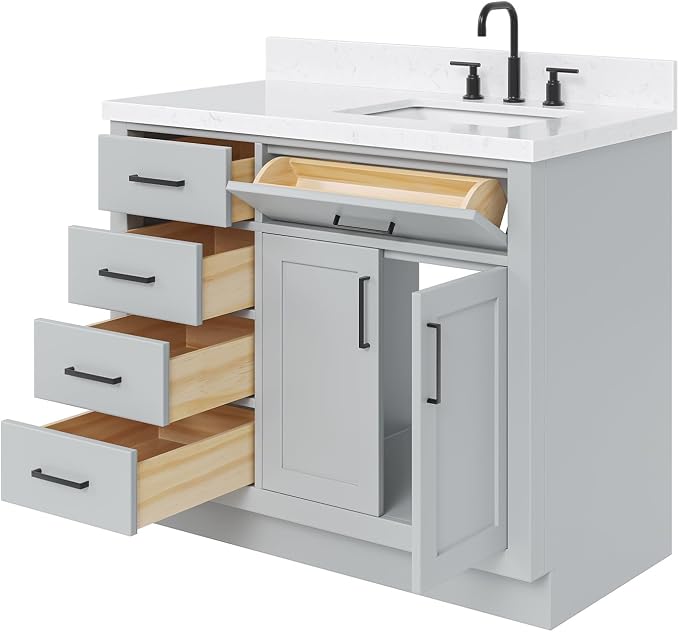 ARIEL Hepburn 42 Inch Single Sink Bathroom Vanity in Gray, 1.5" Edge Carrara - Image 5
