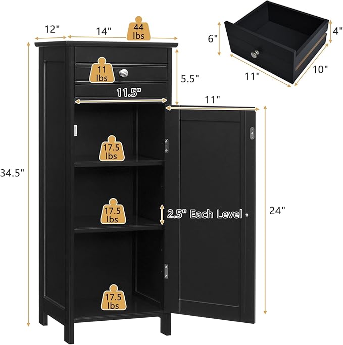 COSTWAY Bathroom Storage Cabinet, Single Door Floor Cabinet - Image 2