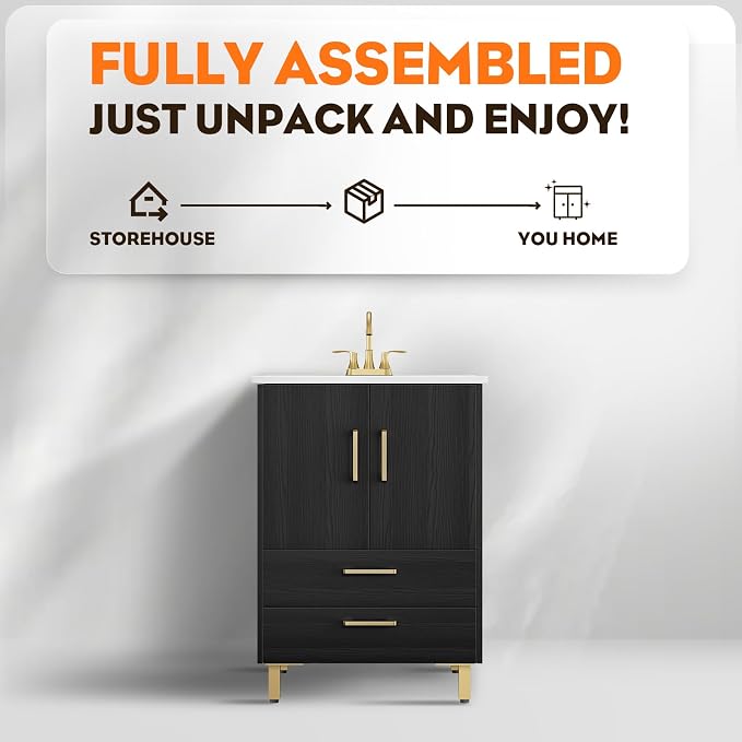phiestina Fully Pre-Assembled Black 24 inch Bathroom Vanity, 2 Soft Close Doors - Image 4