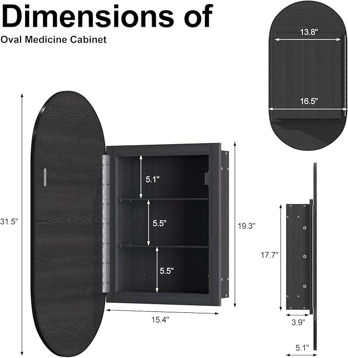 Oval Medicine Cabinet Mirror for Bathroom, Recessed Black Medicine Cabinet - Image 2