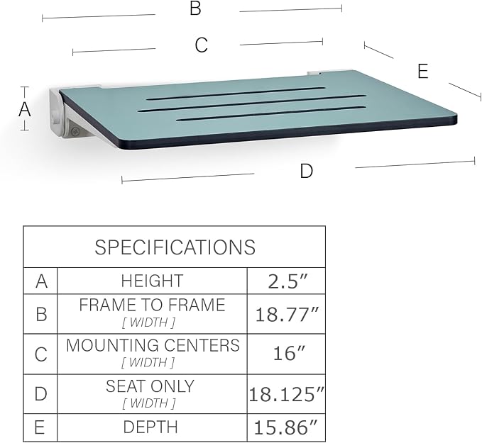 18 inch Silhouette Slimline Folding Wall Mount Shower Bench Seat, Teal Seat - Image 2