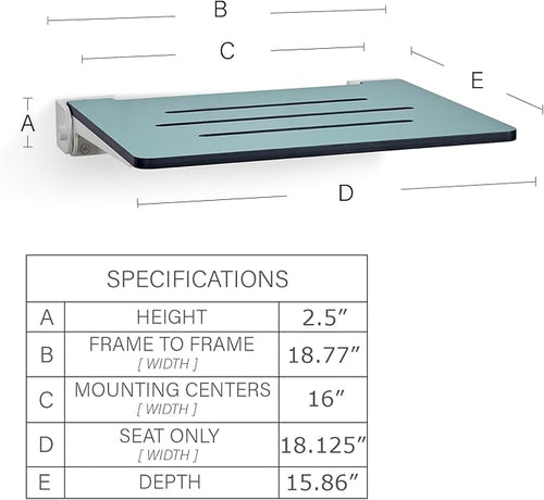 18 inch Silhouette Slimline Folding Wall Mount Shower Bench Seat, Teal Seat - Image 2