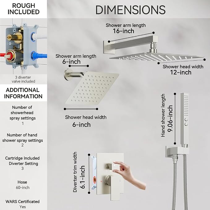 Thermostatic Shower System Brushed Nickel, STARBATH Shower Faucets Sets 12+ 6" - Image 5