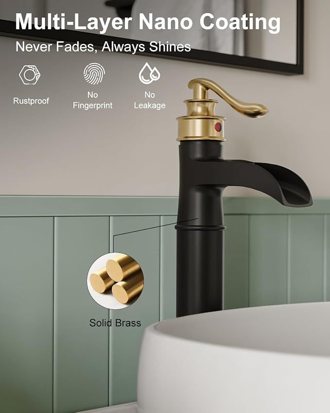 BWE Waterfall Vessel Sink Faucet Black and Gold Bathroom Faucet 1 Hole Single - Image 5
