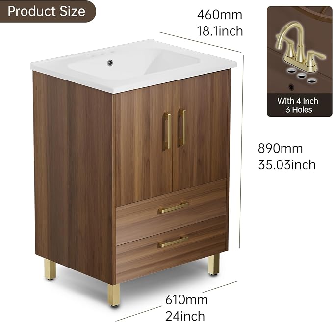 phiestina Walnut 24 Inch Bathroom Vanity, Fully Pre-Assembled Bathroom Sink - Image 3