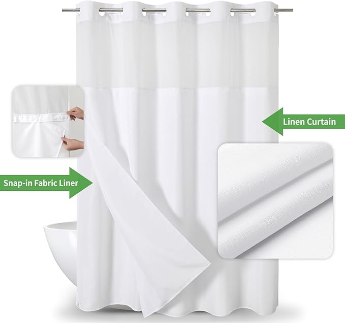 Long No Hooks Needed Linen Textured Shower Curtain - Image 2