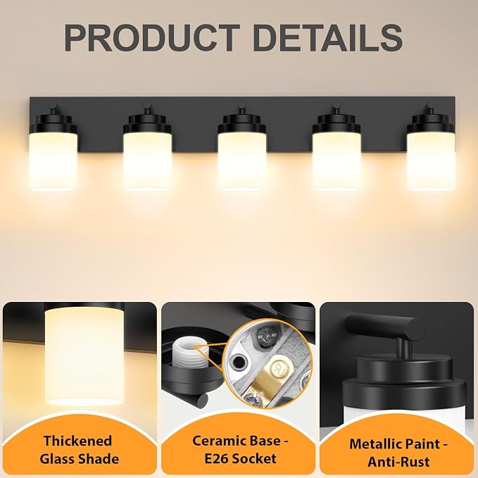 IZORRO Bathroom Vanity Light Fixture, 5-Light 36 Inch Matte Black Bathroom - Image 3
