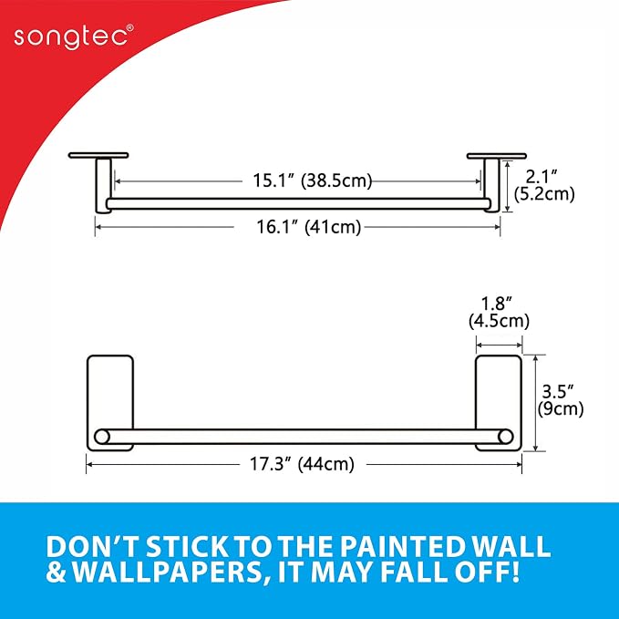 Songtec Adhesive Towel Bar Black 16-Inch, Stick On Bath Towel Rack No Drill - Image 5