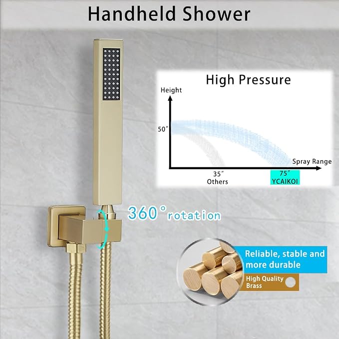 Brushed Gold Shower System YCAIKOI Wall Mount Shower Faucet Set - Image 4