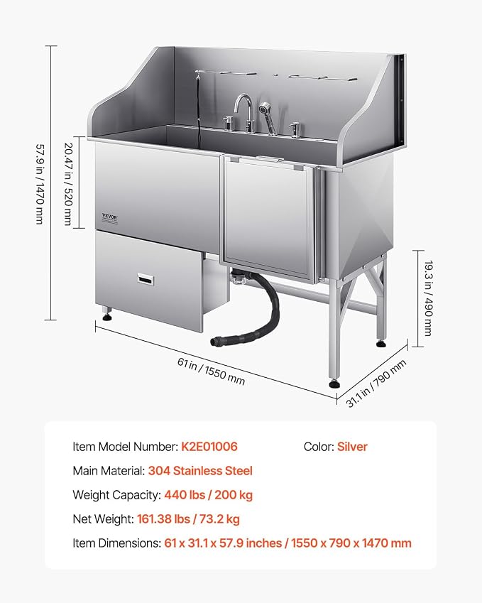 VEVOR Professional 304 Stainless Steel Dog Bathing Station, 61 inch Pet - Image 7