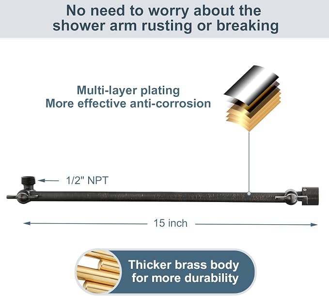 BRIGHT SHOWERS 15 Inch Extra Long Shower Head Extension Arm, Solid Brass Shower - Image 2