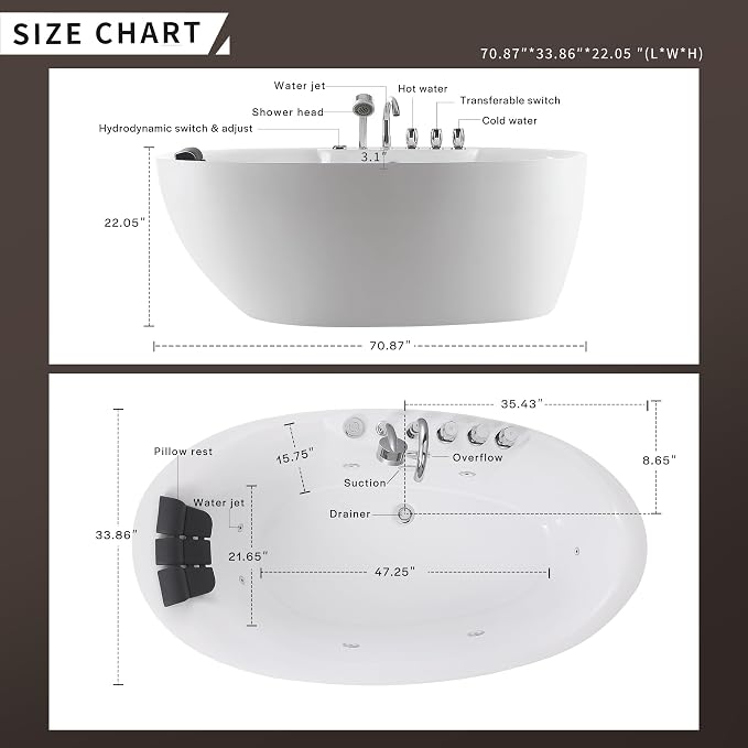 Empava 71 inch Acrylic Freestanding Tub Hydromassage Gracefully Oval Shaped - Image 6