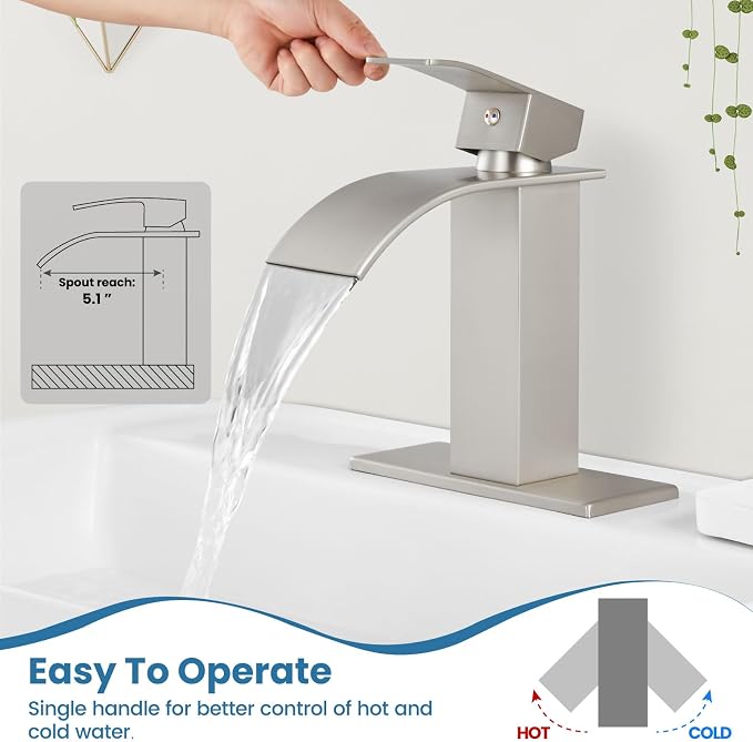 Airuida Waterfall Bathroom Faucet Brushed Nickel Single Handle Single Hole - Image 2