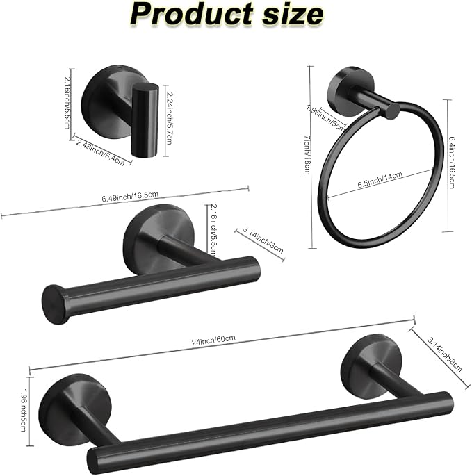 Cilee 10 Piece Matte Black Bathroom Accessories Set, 24inch Black Towel Bar - Image 7