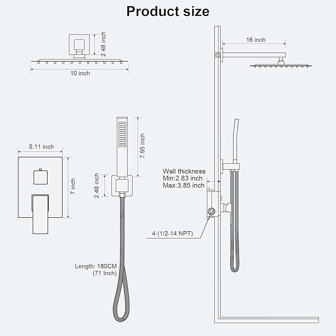 Shower Faucet Set Bathroom Square Rain Shower Head and Handle Set, Wall Mounted - Image 7