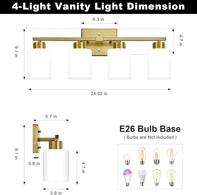Brushed Gold Bathroom Light Fixtures, 4-Light Modern Vanity Light Over Mirror - Image 2