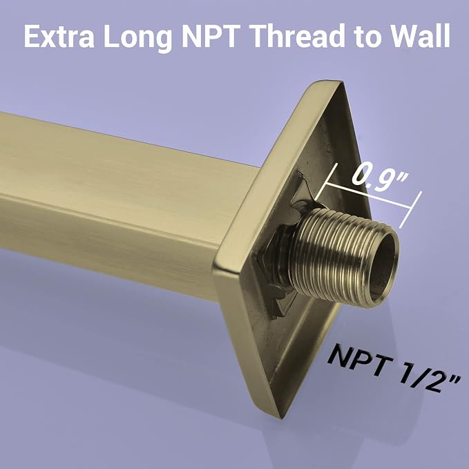 Square Shower Arm with Flange in Brushed Brass 16 Inch Wall Mounted Rainfall - Image 5