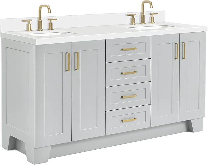 ARIEL Taylor 67" Grey Double Vanity, 1.5" Edge Pure White Quartz Countertop & - Image 5