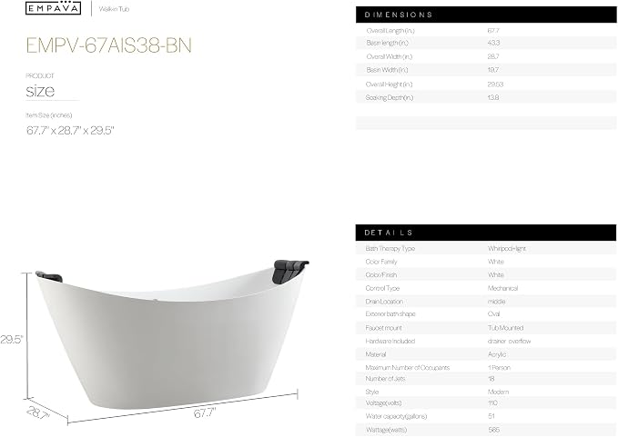 Empava Update Acrylic Whirlpool Bathtub, 67-Inch Freestanding Boat Shaped - Image 9