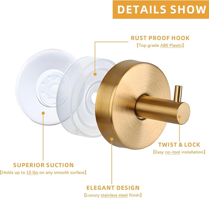 2 Pcs Suction Shower Hooks, Stainless Steel Gold Suction Cup Hook, Removable - Image 3