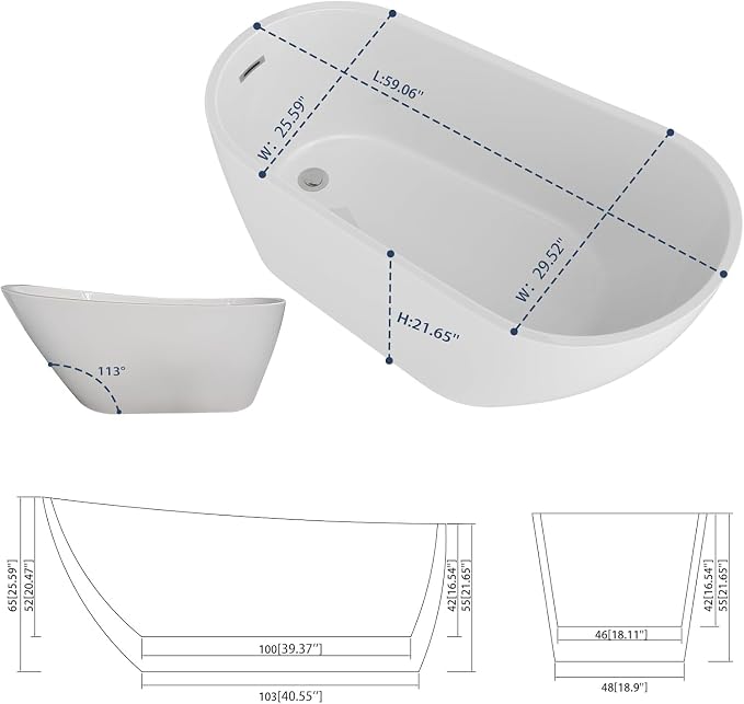 Sarlai 59 Inch Acrylic Freestanding Soaking Bathtub Contemporary Soaking White - Image 8