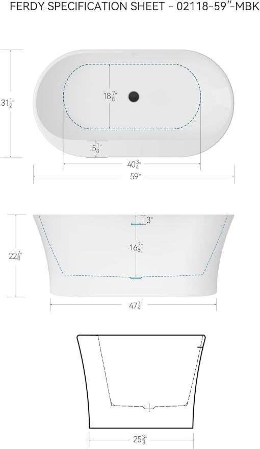 FerdY Mauritius 59" Acrylic Freestanding Tub, Oval Contemporary Soaker Tub - Image 7