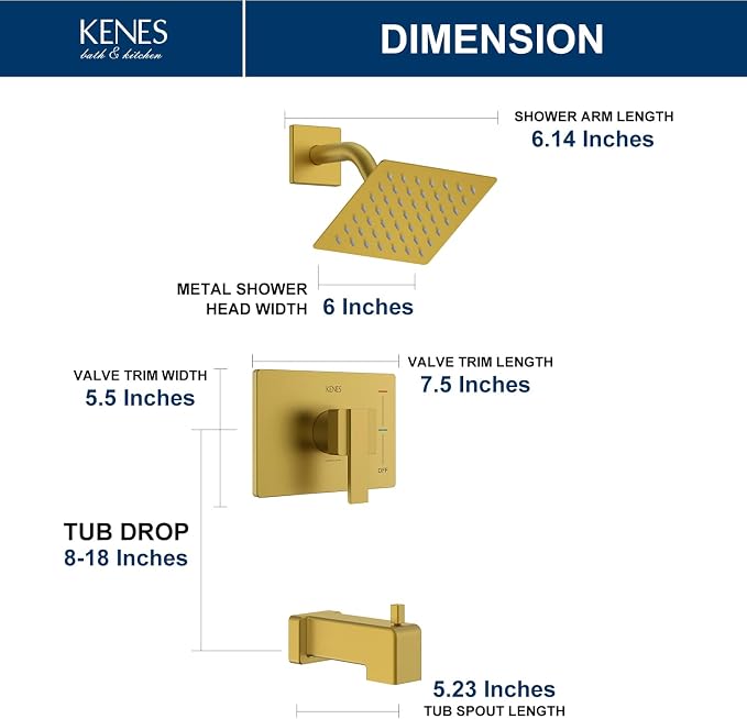 KENES Brushed Gold Tub and Shower Trim Kit, Square Tub Shower Faucet Set - Image 6