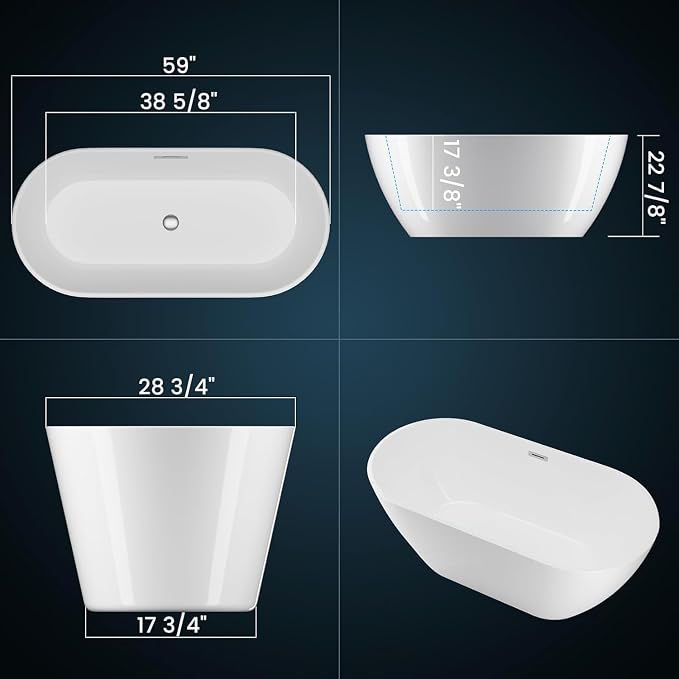 59" Free Standing Tub, Acrylic Freestanding Bathtub, Modern Soaking Tub - Image 3