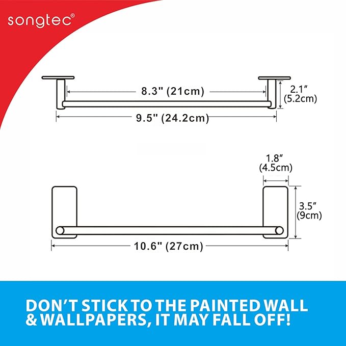 Adhesive Towel Bar 9-inch, Stick On Bath Towel Rack, Hand Towel Holders - Image 6