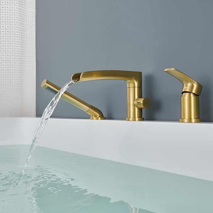 Waterfall Roman Tub Faucet Brushed Gold Deck Mount Bathtub Faucets Brass Tub - Image 4